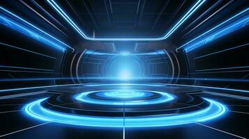 Futuristic room with blue lights and circles. Generative AI photo