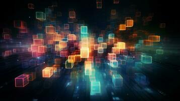 Glowing abstract cubes in dark room. Generative AI photo
