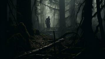 hombre en pie en el medio de un bosque. generativo ai foto