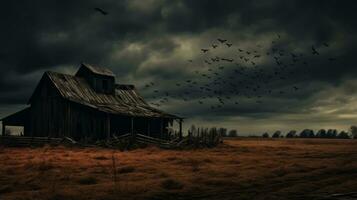 Barn in a field with a flock of birds flying over it. Generative AI photo