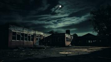 Eerie abandoned building in the moonlight. Generative AI photo