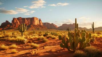 Desert landscape with cacti as the sun casts a warm glow. Generative AI photo