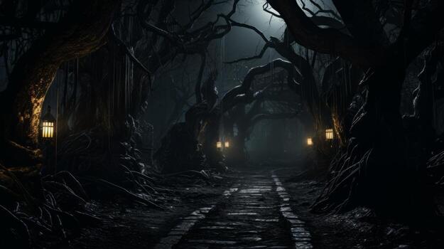 Dark forest with a light at the end of it. Generative AI photo