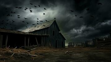 Barn with a lot of bats flying over it. Generative AI photo