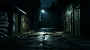 oscuro callejón camino con un calle ligero a noche. generativo ai foto