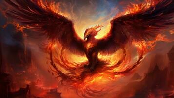 Crimson Phoenix spreads wings in a fiery fantasy landscape. Generative AI photo