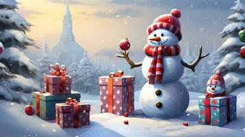 Cartoon style Christmas artwork with adorable snowmen. Generative AI photo