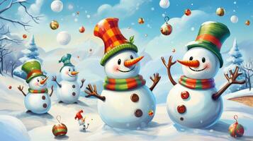 Cartoon artwork featuring cheerful snowmen. Generative AI photo