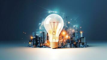 Light bulb with a city in the background. Generative AI photo