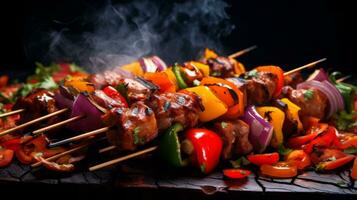 Smoke enveloping BBQ skewers, mouthwatering mix. Generative AI photo