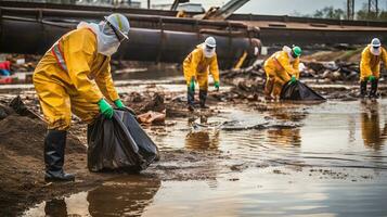 Oil spill pollution cleanup with workers in hazmat suits. Generative AI photo