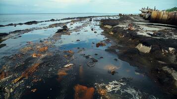 Oil spill pollution spreading across marine environment. Generative AI photo