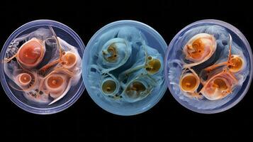 Mutated bird embryos under microscope. Generative AI photo