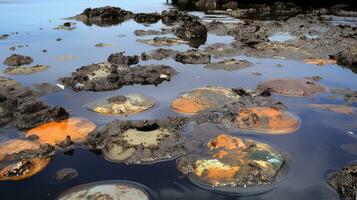 contaminado costero aguas con flotante aceite. generativo ai foto