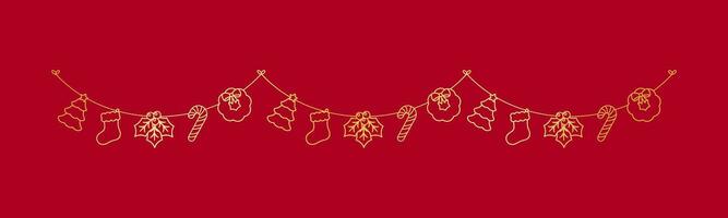 Gold Christmas Garland Outline Doodle Vector Illustration, Christmas Graphics for Kids, Festive Winter Holiday Season Bunting