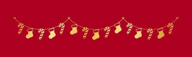 Gold Christmas Stocking and Candy Cane Garland Vector Illustration, Christmas Graphics Festive Winter Holiday Season Bunting