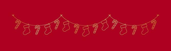 Gold Christmas Stocking and Candy Cane Garland Vector Illustration, Christmas Graphics Festive Winter Holiday Season Bunting