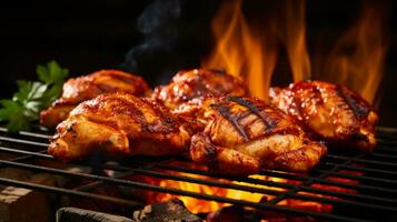 Flame grilled BBQ chicken, essence of outdoor feast. Generative AI photo