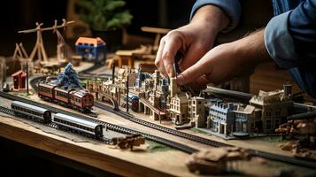Hands assembling model train set. Generative AI photo