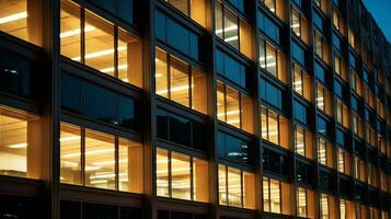 Very tall building with lots of windows at night. Generative AI photo