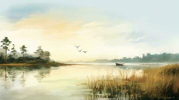 Digital watercolor painting of a serene. Generative AI photo