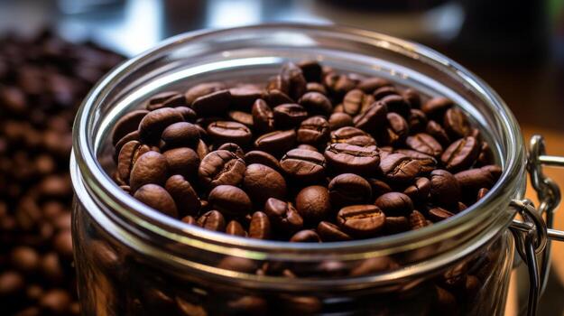 Coffee beans in glass container. Generative AI photo