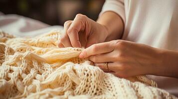 Hands knitting baby blanket. Generative AI photo