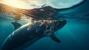 Penguin ingesting plastic particles in the ocean. Generative AI photo