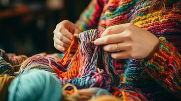 Hands knitting colorful scarf. Generative AI photo