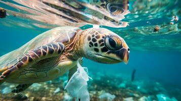 Sea turtle with plastic waste stuck on its shell. Generative AI photo