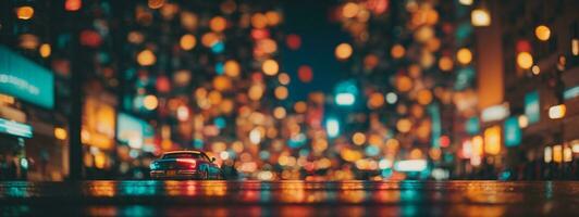 abstract background with bokeh defocused lights and shadow from cityscape at night, vintage or retro color tone. AI generated photo