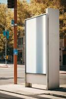 Vertical blank white billboard at bus stop on city street. In the background buildings and road. Mock up. Poster on street next to roadway. Sunny summer day.. AI generated photo