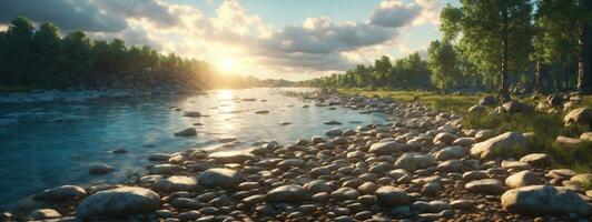 bosque río con piedras en costas a puesta de sol. ai generado foto