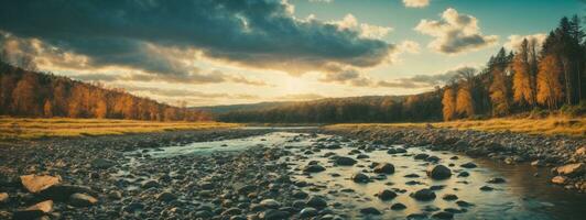 bosque río con piedras en costas a puesta de sol. ai generado foto