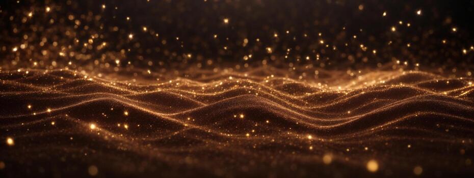 Dark brown background, digital signature with particles, sparkling waves, curtains and areas with deep depths. The particles are golden light lines.. AI generated photo