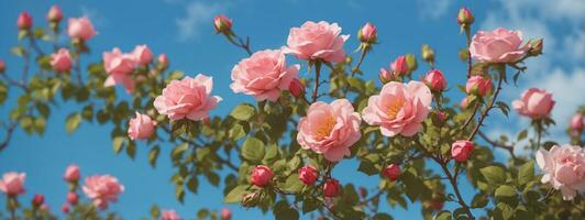 Beautiful spring border, blooming rose bush on a blue background. Flowering rose hips against the blue sky. Soft selective focus. AI generated photo