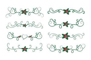 Christmas Flourishes Swirls dividers lines Decorative Elements, Vintage Calligraphy Scroll Merry Christmas blue and red holly ornaments, Winter Holly headers lettering border page decor green Ornate vector