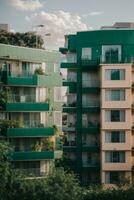 moderno Departamento edificios en un verde residencial zona en el ciudad. ai generado foto