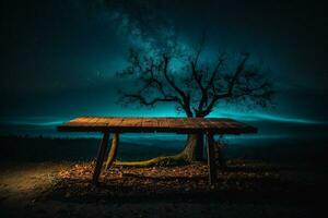 antiguo madera mesa y silueta muerto árbol a noche para Víspera de Todos los Santos fondo.. ai generado foto