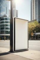 Vertical blank white billboard at bus stop on city street. In the background buildings and road. Mock up. Poster on street next to roadway. Sunny summer day.. AI generated photo