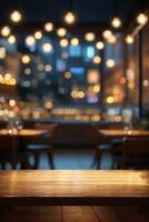 Empty wooden table top with lights bokeh on blur restaurant background.. AI generated photo