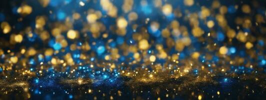 blackground of abstract glitter lights. blue, gold and black. de focused. banner. AI generated photo