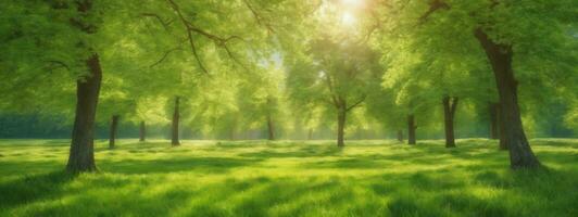 primavera naturaleza. hermosa paisaje. verde césped y arboles ai generado foto