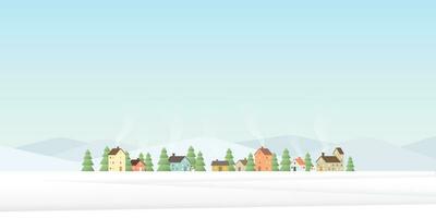 Small town in snowland flat design vector illustration with blank space. Merry Christmas and Happy New Year greeting card template.