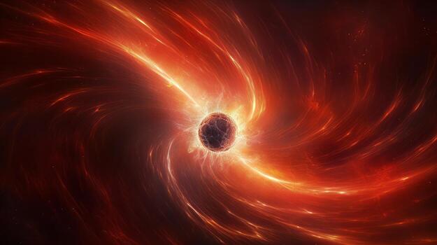 Black hole surrounded by red and orange swirls. Generative AI photo