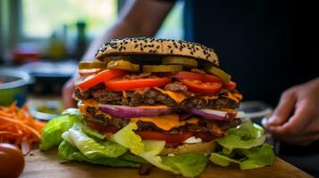 BBQ burger with layered assembly. Generative AI photo