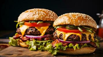 BBQ burgers with cheese and toppings, ready to eat. Generative AI photo