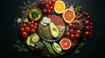 Balanced food composition recipe for well-being. Generative AI photo