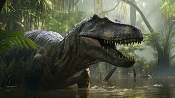 Artistic reconstruction of Ceratosaurus in swamp. Generative AI photo