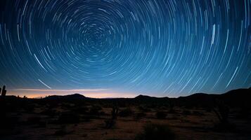 Star trail in the sky over a desert. Generative AI photo